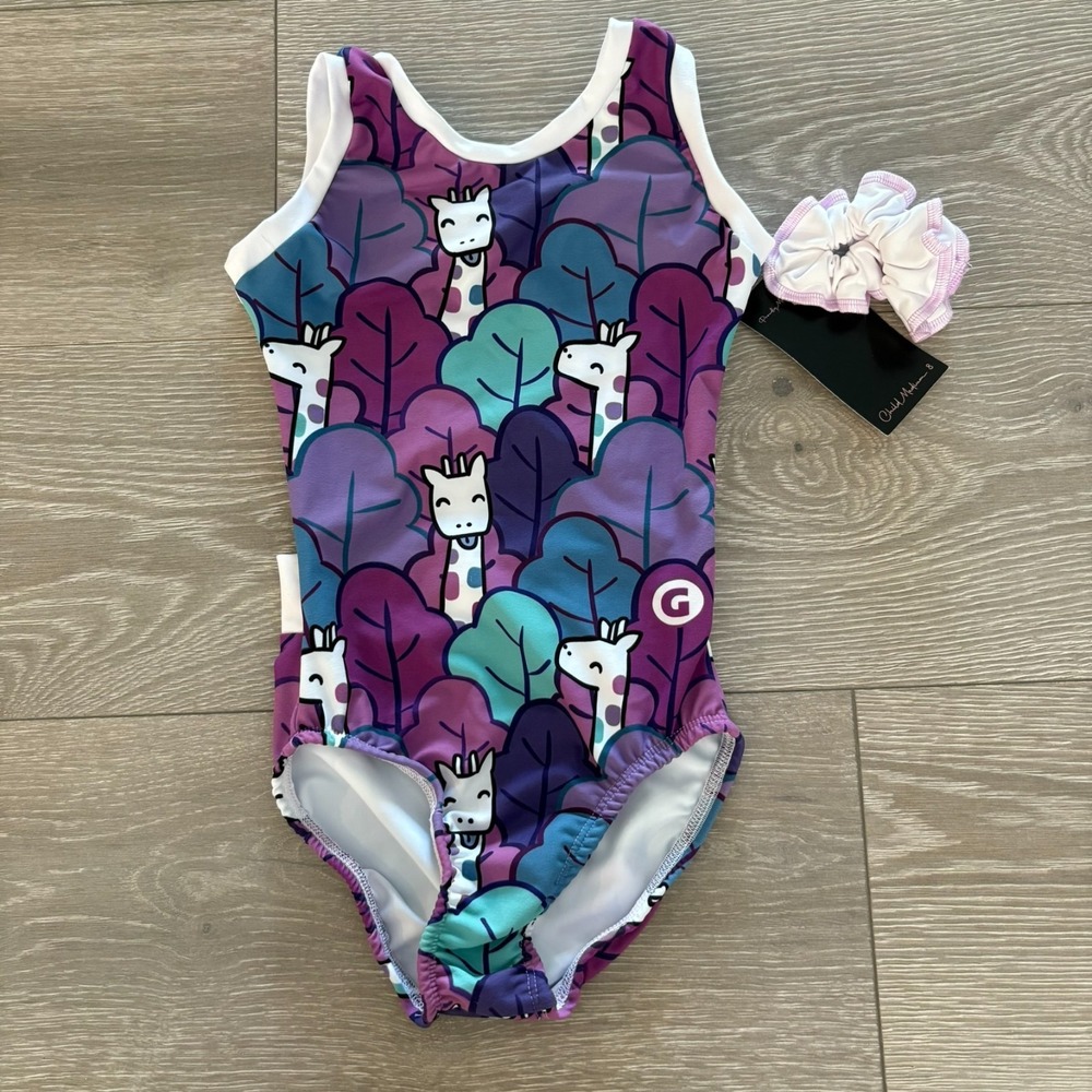 NWT Gym Gear Kids Purple Whimsical Giraffe Print Gymnastics/Dance Size Medium 8
